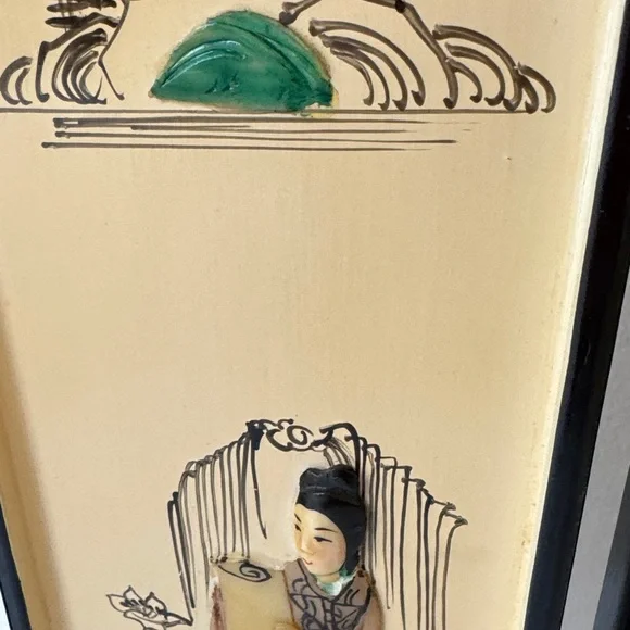 Vintage Asian Folding Screen with raised stone with inlay Asian ladies - Picture 9 of 14